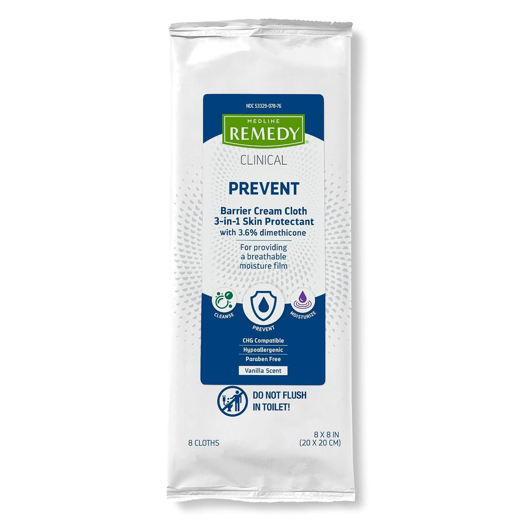 Medline Remedy Clinical 3-in-1 Barrier Cream Cloth, 8 count (1 Pack), 8 x 8 in Adult Wet Wipes, Vanilla Scent, Incontinent Care,