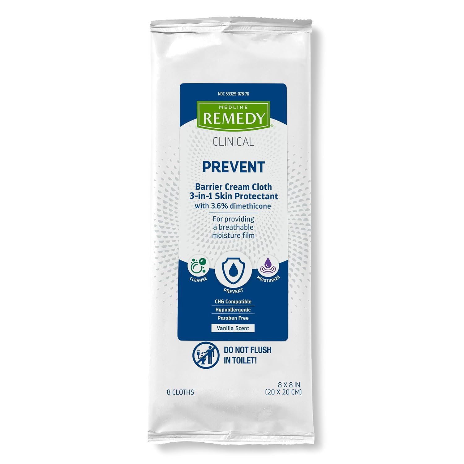 Medline Remedy Clinical 3-in-1 Barrier Cream Cloth, 8 count (1 Pack), 8 x 8 in Adult Wet Wipes, Vanilla Scent, Incontinent Care,