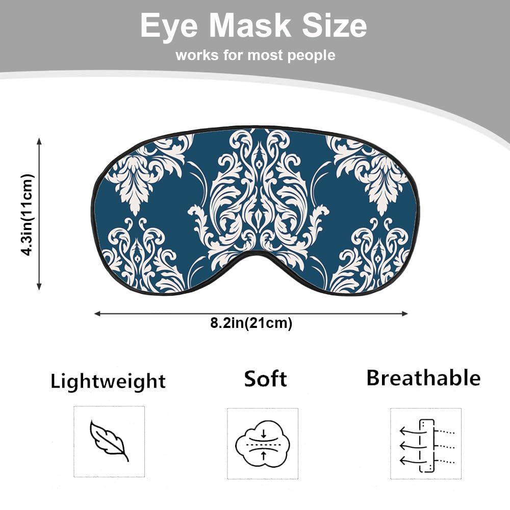 NOHSHE Floral Baroque Sleep Eye Mask Eye Cover Damask Ornament Flowers Elegant Blue Silk Eye Mask for Sleeping with Adjustable S