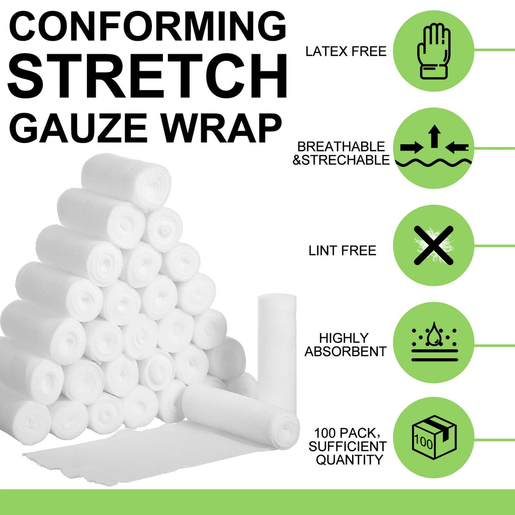 Treela 100 Rolls Gauze Bandage, 4 in x 5 Yards, Elastic Bandages Individual Packaging Sterile Non Latex First Aid Pads Medical B