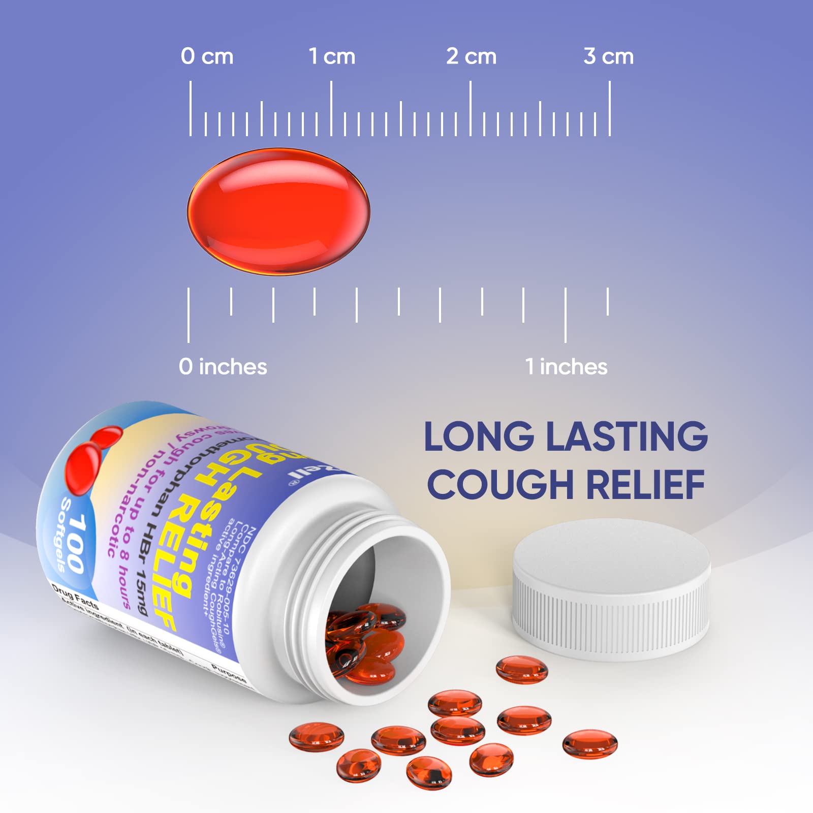RXZELL Adult Cough Relief, Dextromethorphan HBr 15mg (100 Softgels), 8 Hour Long Lasting, Non-Drowsy, Cough/Bronchial Suppressan