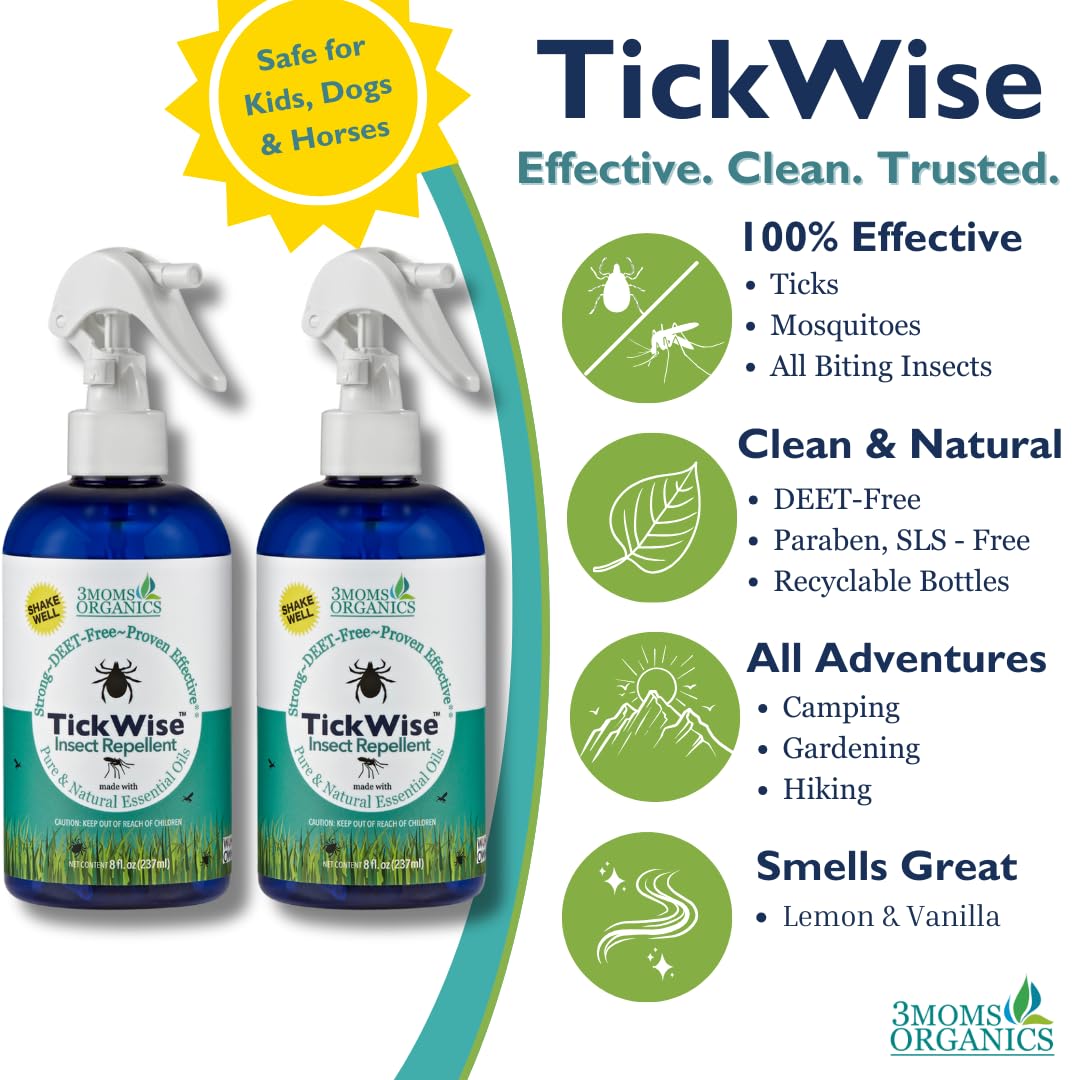 3 Moms Organics, TickWise 8oz Extra Strength Double Whammy 2-Pack - DEET- Free, Tick and Insect Repellent, Plant Based Essential