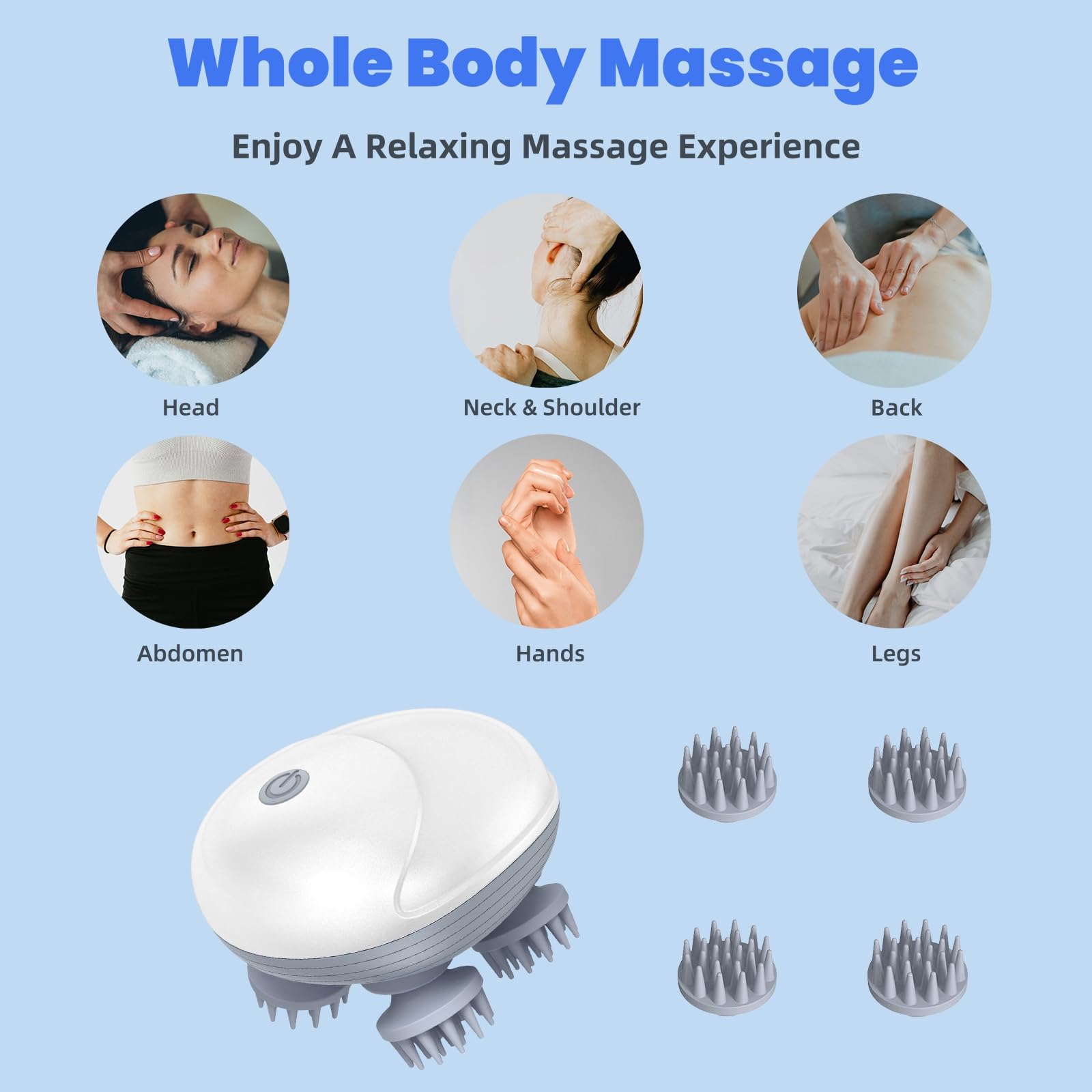 LeCoirrax Upgraded Electric Scalp Massager for Men Women, Handheld Cat Dog Pet Head Massager with 4 Massage Heads, 3 Speeds, Wat