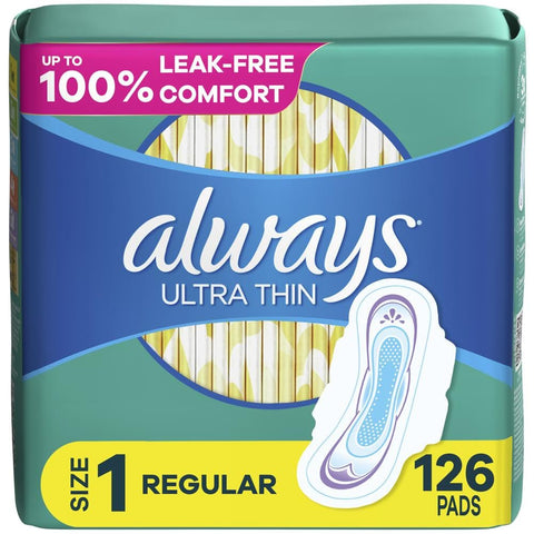 Always Ultra Thin Daytime Pads with Wings, Size 1, Regular, Unscented, 42 Counts x 3 Packs (126 Count Total)