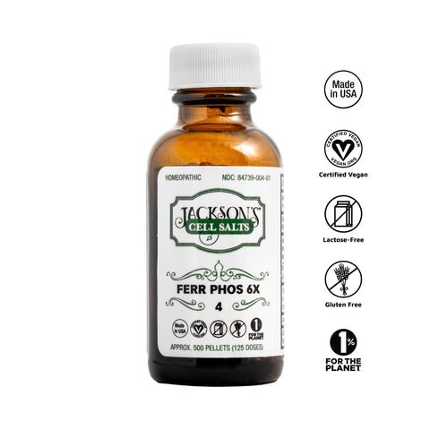 Jackson's Cell Salt #4 Ferr phos 6X (500 Pellet Bottle) - Certified Vegan, Lactose-Free Ferrum phosphoricum 6X