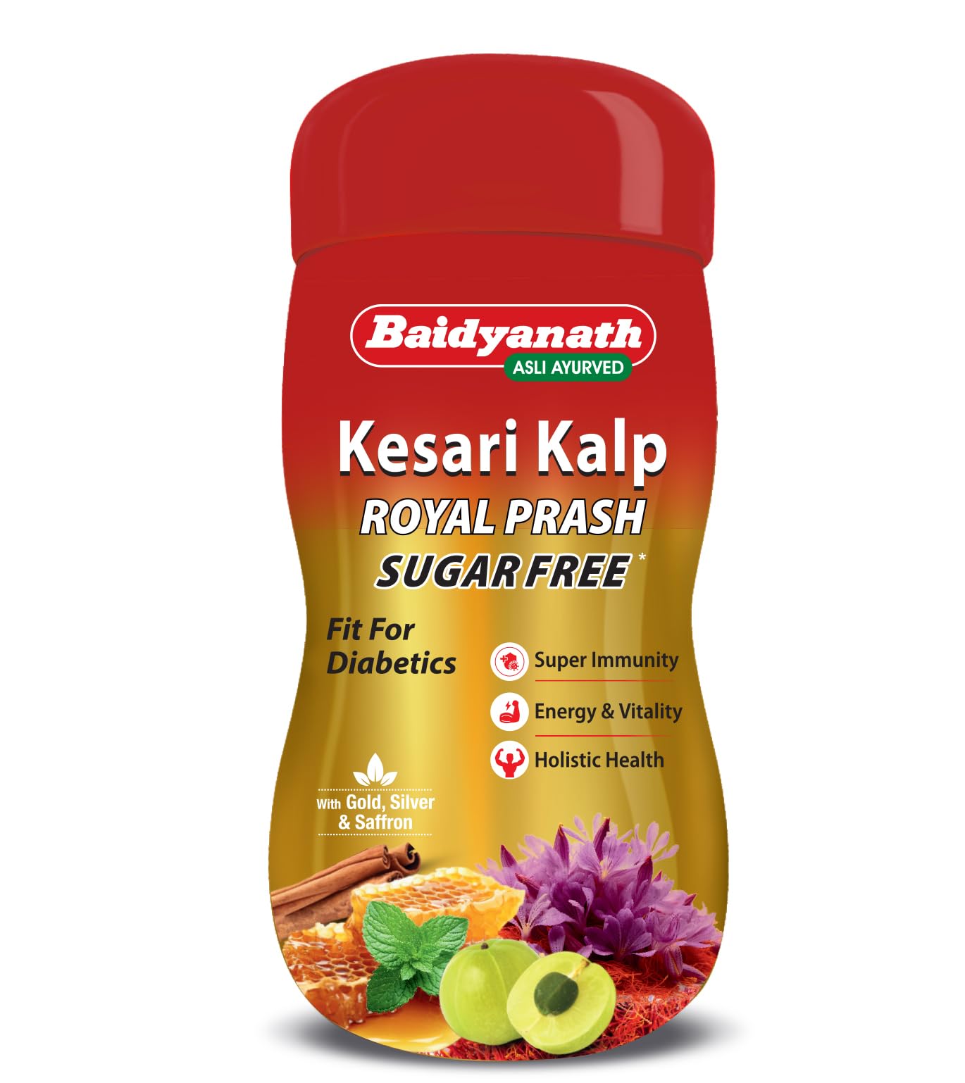 Baidyanath Kesari Kalp Royal Prash Sugarfree | Chyawanprash With 52 Herbs, Gold, Silver & Kashmiri Saffron | Immunity Booster & 