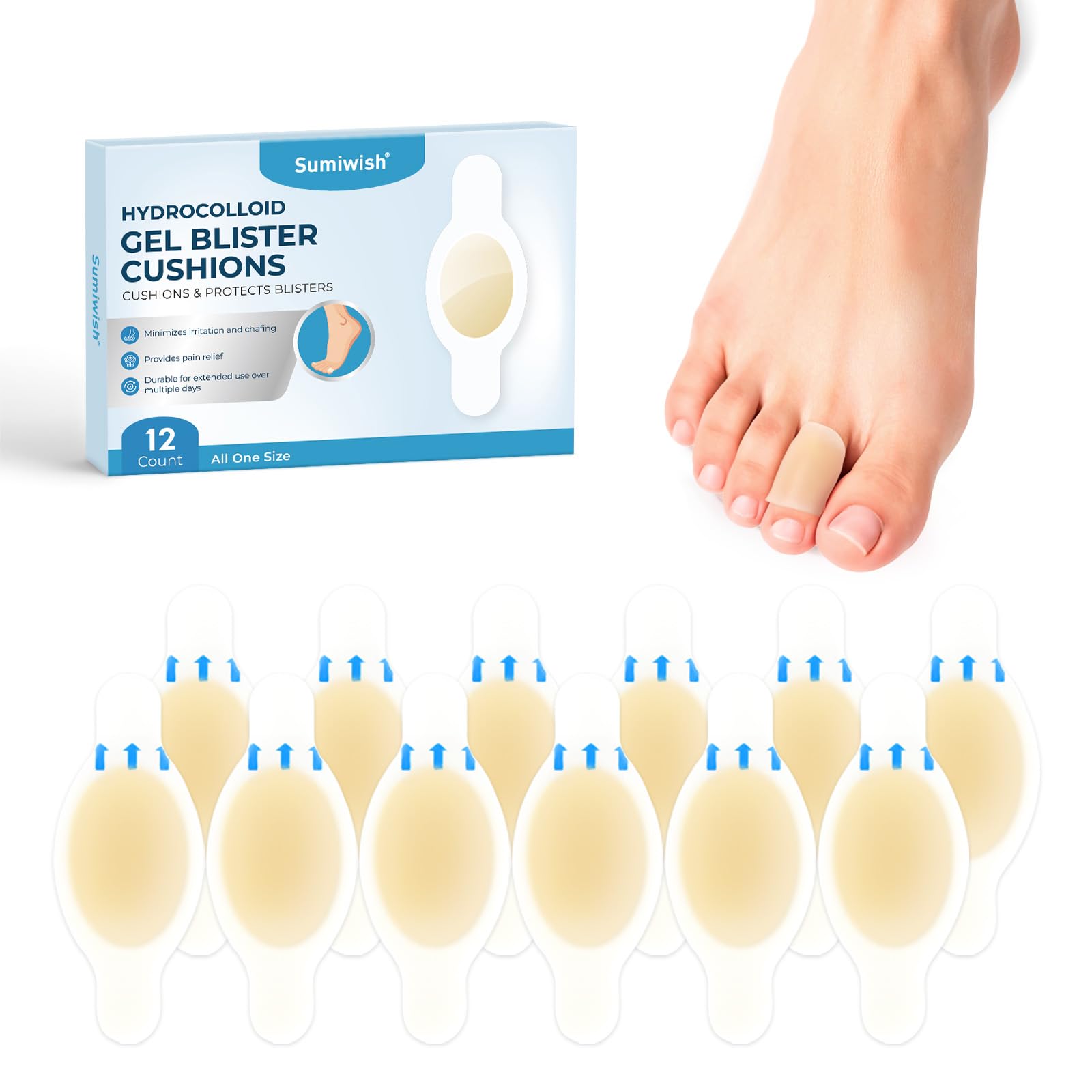 Sumiwish Hydrocolloid Blister Bandages for Feet - Extra Cushioning for Foot, Toe, & Heel Protection - Ideal for Blister Preventi