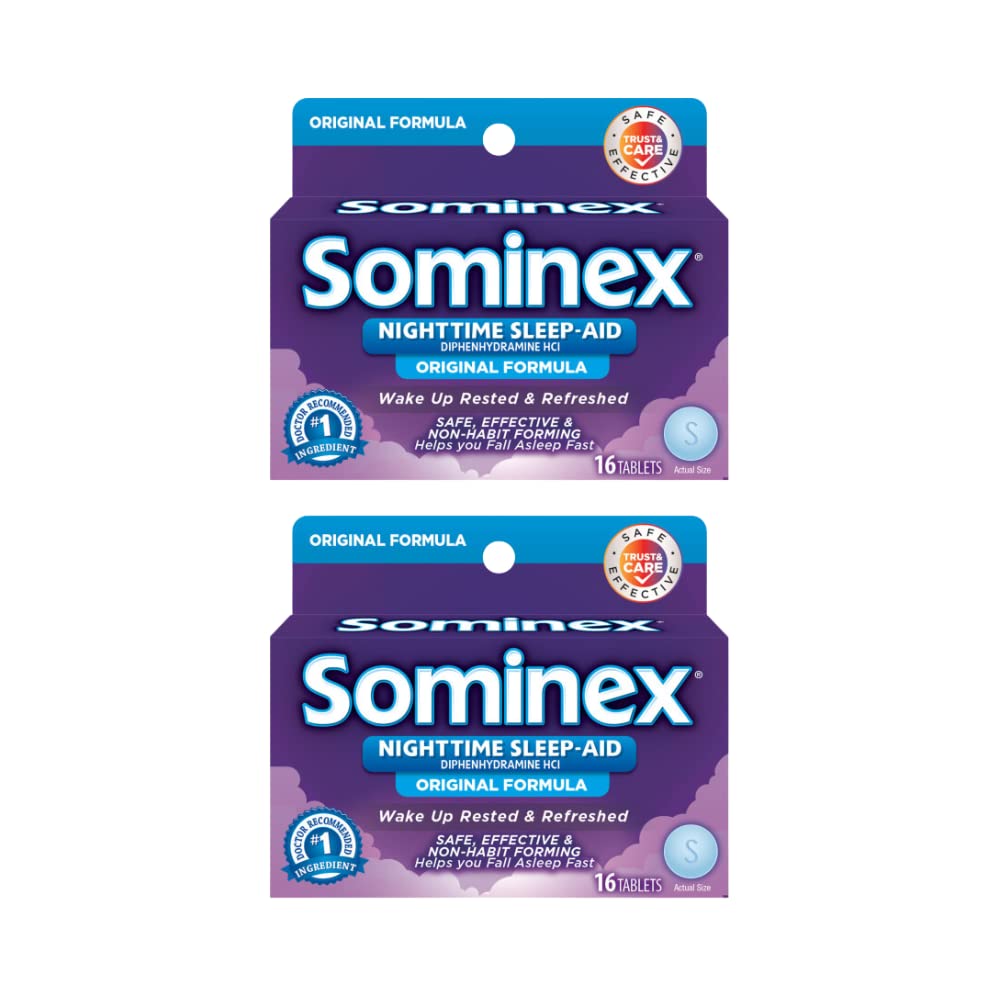 Sominex Maximum Strength Night Time Sleep-Aid, Diphenhydramine HCI, Original Formula, Safe, Effective and Non-Habit Forming, 16 
