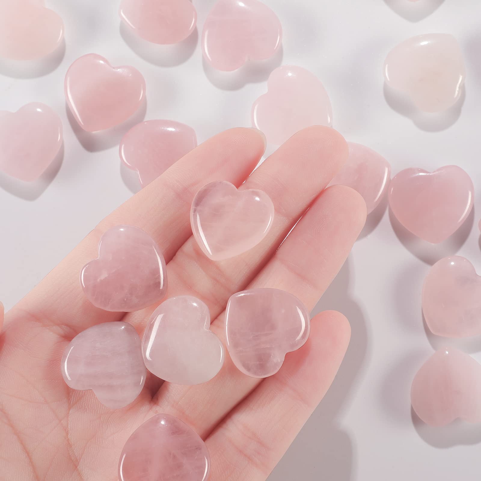 Patelai 24 Pcs Rose Quartz Heart Crystals Pink Heart Shaped Stones Natural Healing Worry Stones Mini Pocket Gemstone with Black