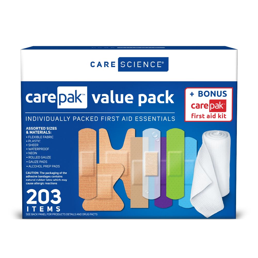 Care Science CarePak Variety Pack 203pc, Assorted | Includes Sheer, Waterproof, Plastic Bandages and a First Aid Kit. Breathable