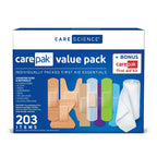 Care Science CarePak Variety Pack 203pc, Assorted | Includes Sheer, Waterproof, Plastic Bandages and a First Aid Kit. Breathable