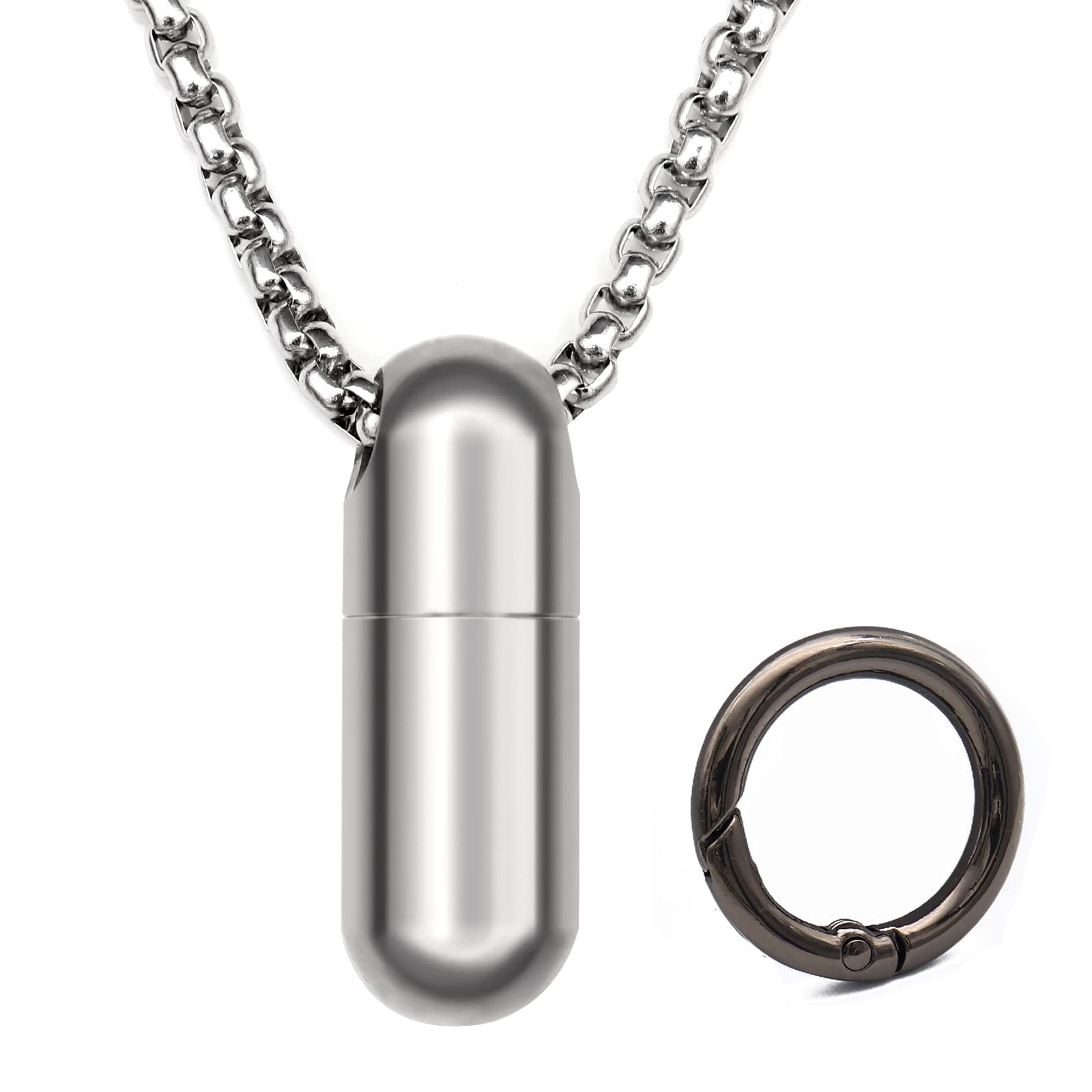 Small Pill Box Necklace Titanium Mini Pill Case W/ 28 Rolo Chain Necklace Tiny Pill Fob for Men Waterproof Pill Holder Emergency