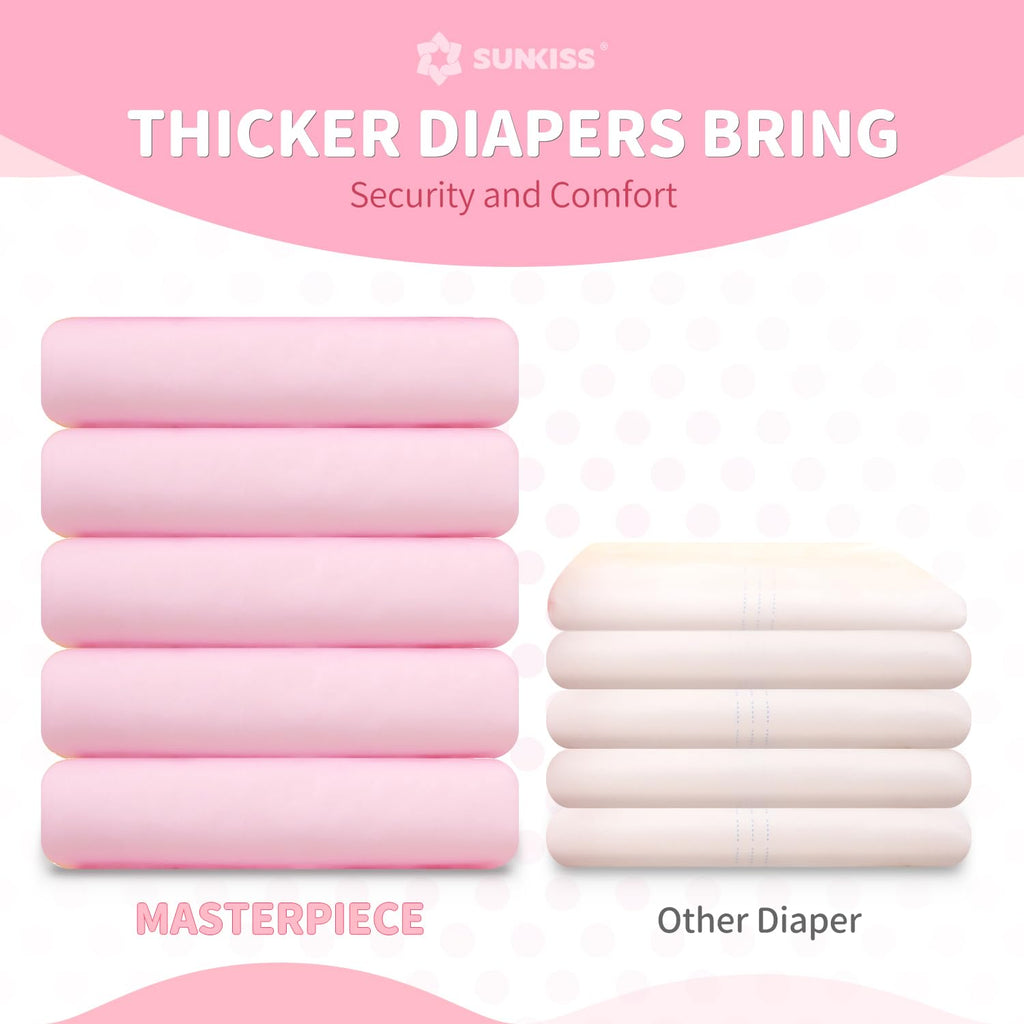 SUNKISS Masterpiece Adult Diapers with Tabs, Unisex Disposable Incontinence Briefs for Women and Men, Odor Control, Pink, Small/
