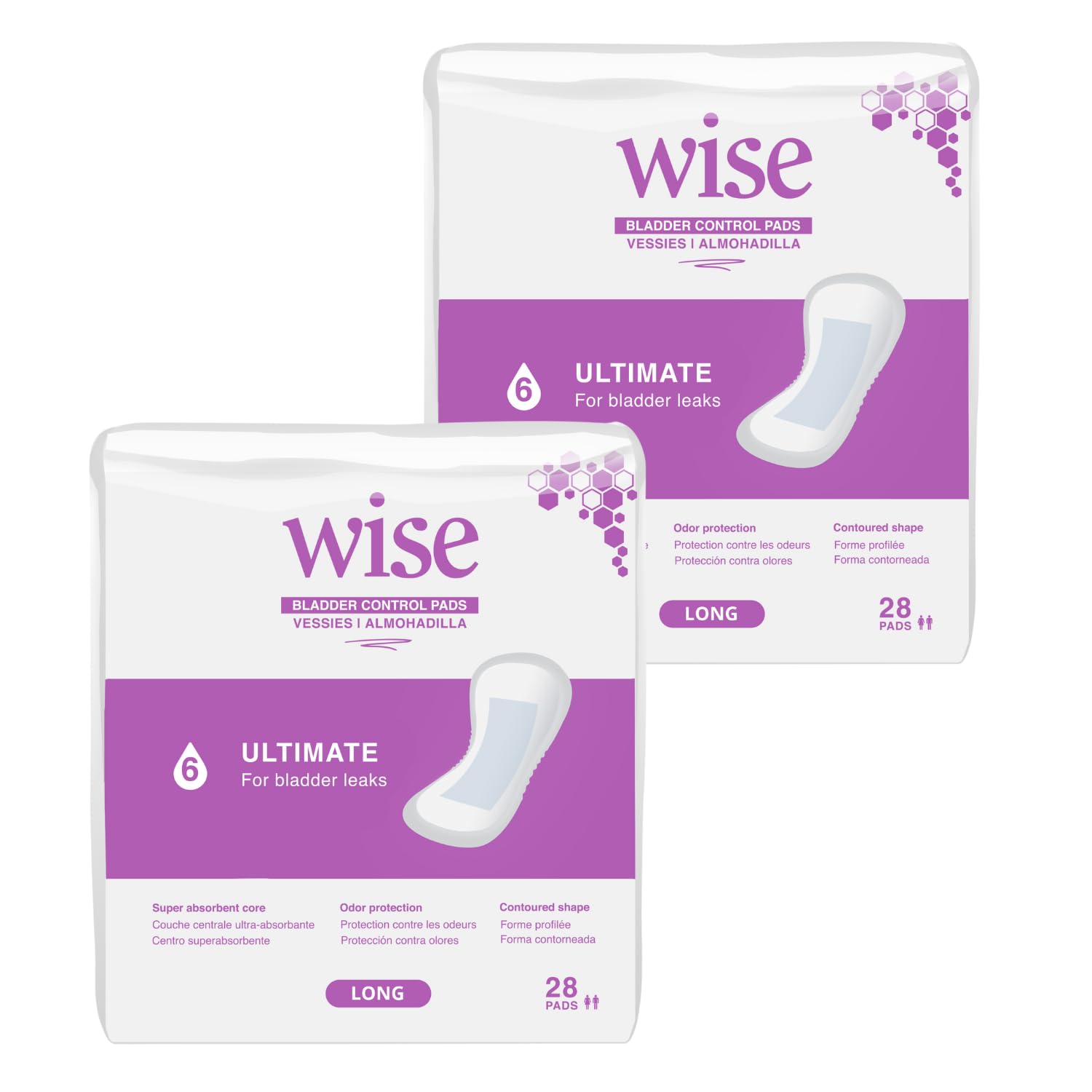 Wise Incontinence Pads for Women Ultimate Absorbency, Bladder Leakage & Odor Control Pad, Long Length, 56 Counts (2 Pack of 28)