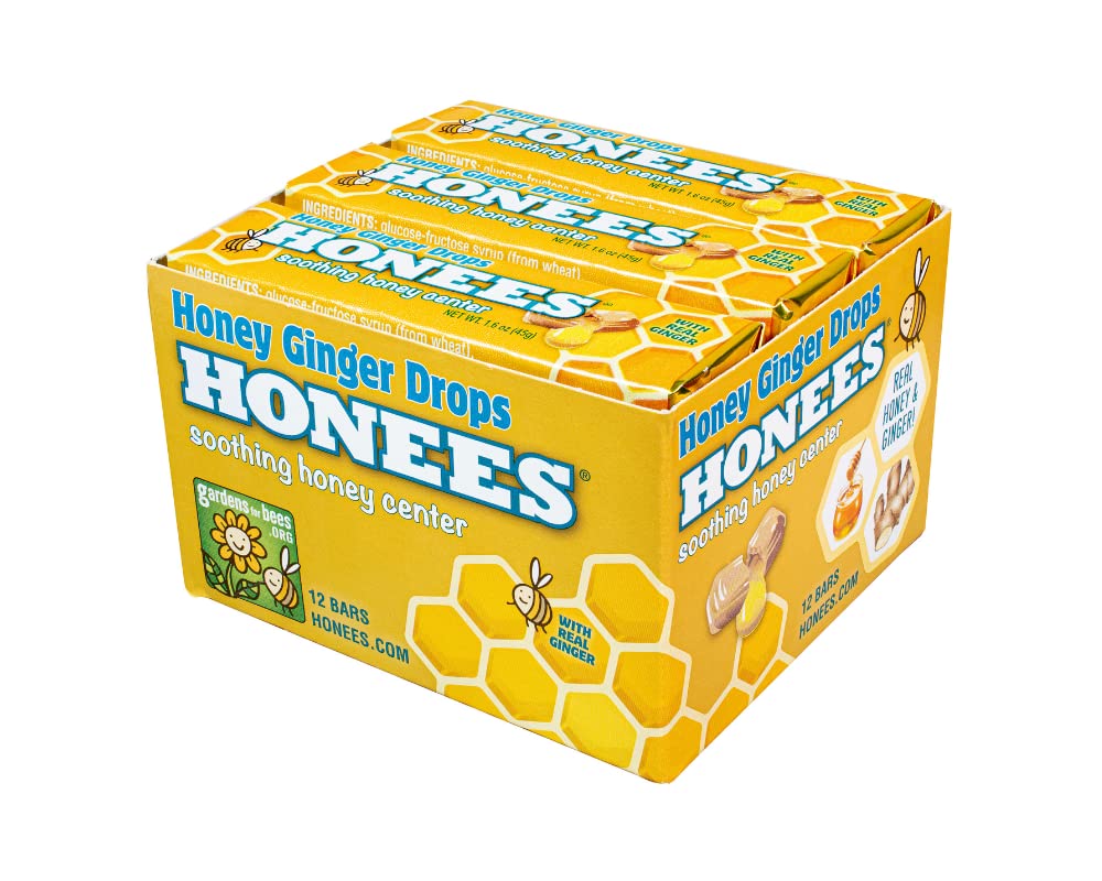 Honees Filled Honey Ginger Drops, Natural Cough Drops- Pure Ginger Sore Throat Relief - Nothing Artificial -Throat Coat Lozenges