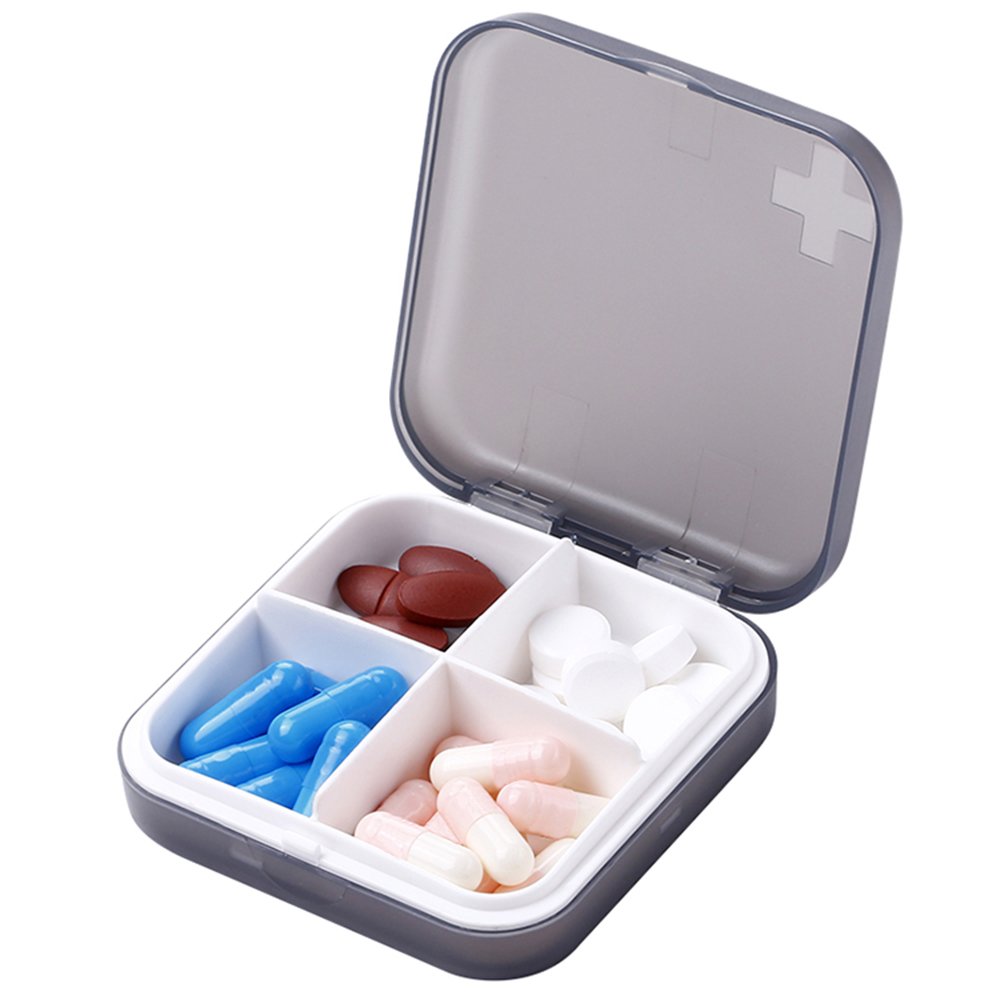 ZDQZC Portable Pill Organizer - Slim Pill Box for Purse or Travel, Compact Pill Case(4 Compartment,Gray)