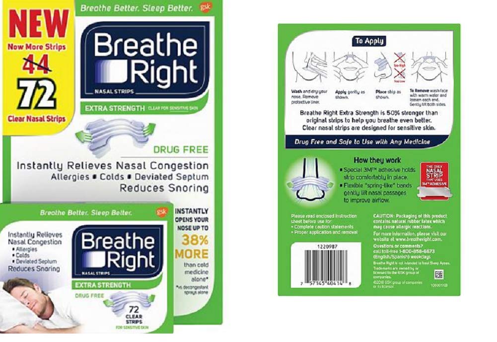 Breathe Right Nasal Strips to Stop Snoring, Drug-Free, Extra Clear (72 Count)
