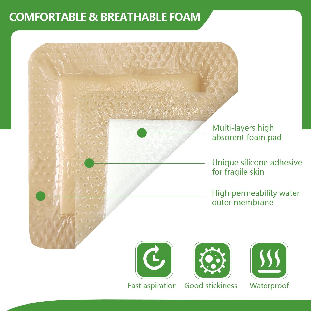 kastormed Silicone Adhesive Foam Dressing with Gentle Border 4x4 10 Pack, High Absorbency Foam Wound Bandage for Bed Sore, L