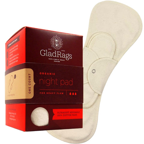 GladRags Natural Organic Undyed Cotton Reusable Night Pad (1-Pack) - 100% GOTS Certified Organic Menstrual Pad, Postpartum Pad, 