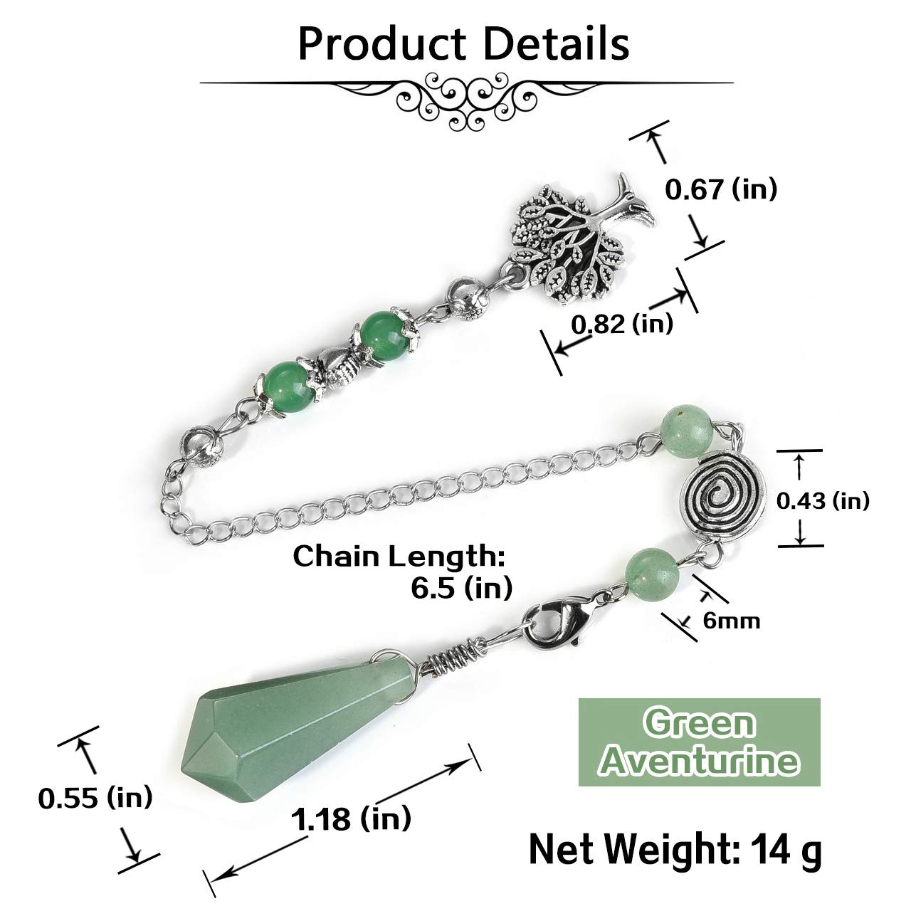 PESOENTH Natural Green Aventurine Jade Dowsing Pendulum Crystal Scrying Divination Healing Gemstone Hexagonal Pointed Chakra Tre
