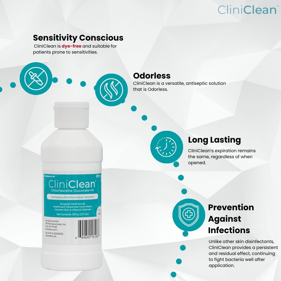 Versatile, Antiseptic Solution containing Chlorhexidine Gluconate 4% (CHG), Odorless, Dye-free, Patient Pre-Op Prep, Personal Ha