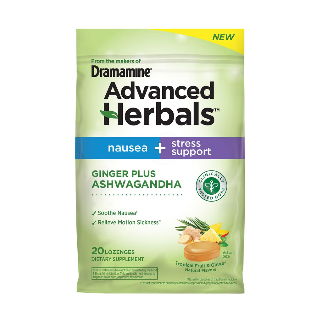 From the Makers of Dramamine, Advanced Herbals, Nausea and Stress Support with Ginger and Ashwagandha, Tropical Fruit and Ginger