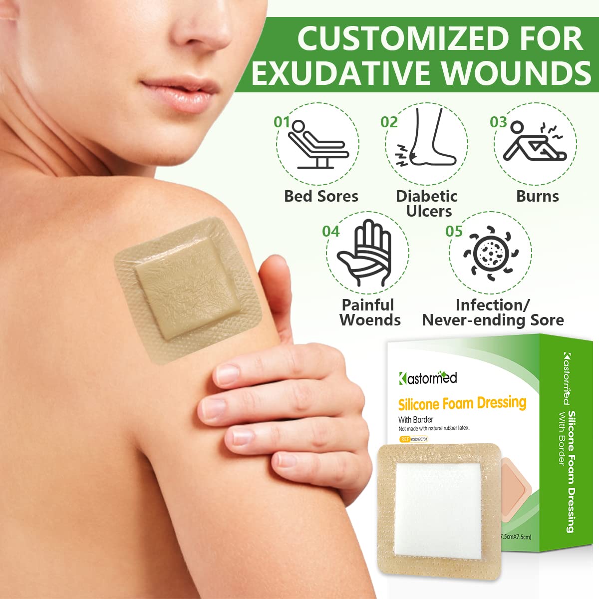 Silicone Adhesive Foam Dressing with Gentle Border 3x3 10 Pack, High Absorbency Foam Wound Bandage for Bed Sore Leg Ulcer Fo
