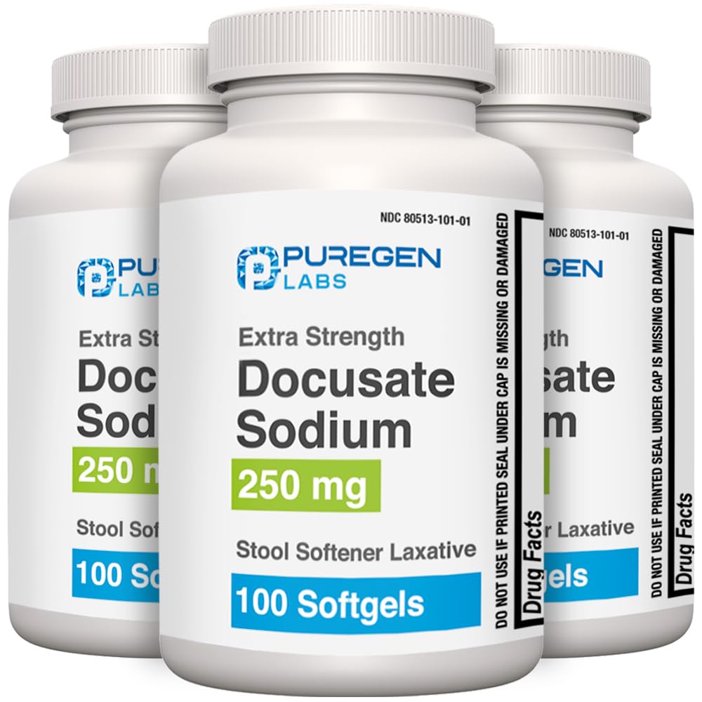 Puregen Labs Docusate Sodium 250mg Stool Softener Laxative | Gentle Constipation Relief | Extra Strength | Stimulant Free Total 