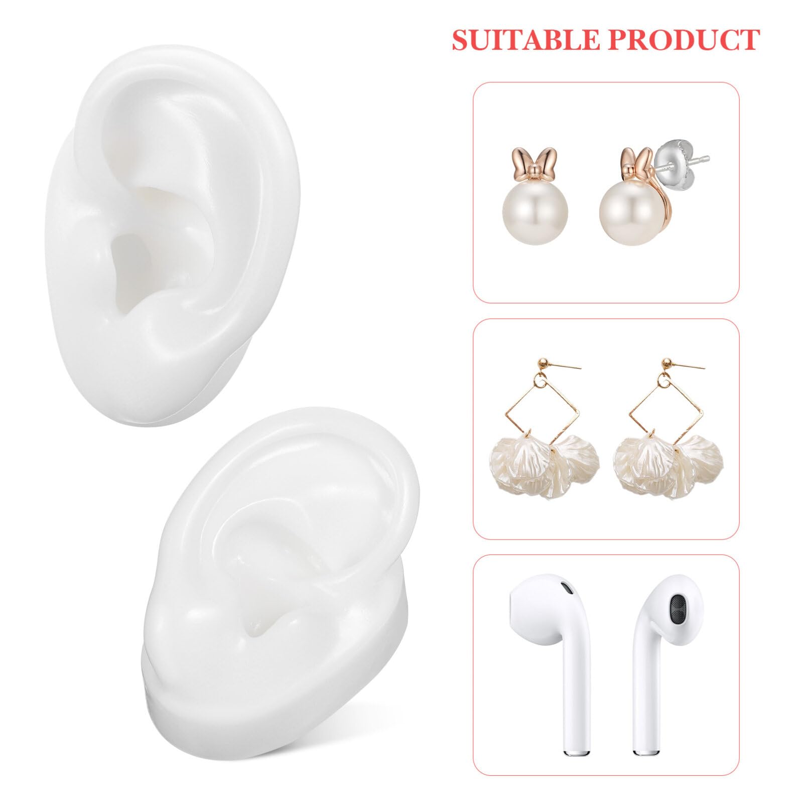 POPETPOP Soft Silicone Ear Model, Ear Model Simulation Display Props Teaching Tools Jewelry Display Earrings 1Pair Size L, White