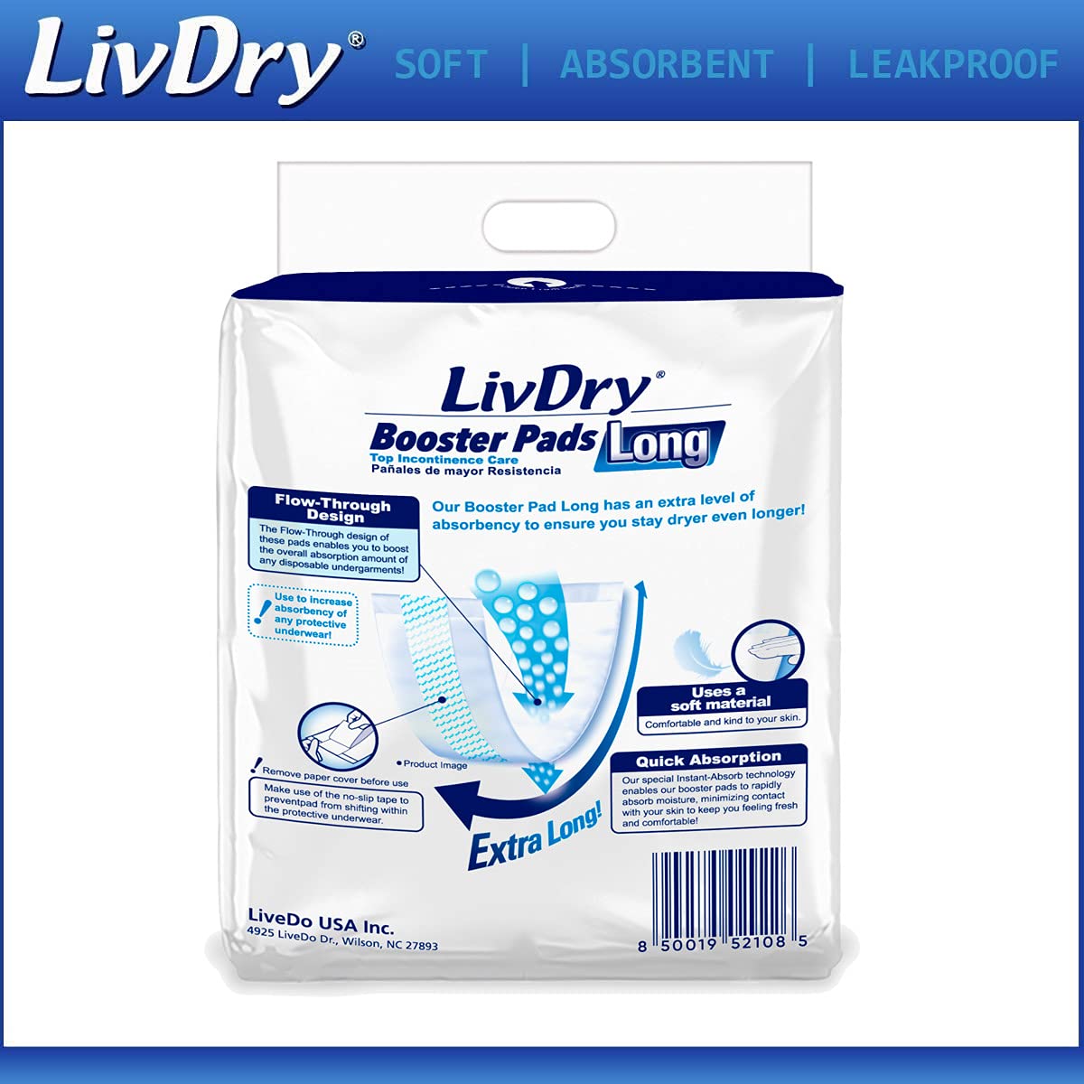 LivDry Incontinence Booster Pads, Use with Adult Diapers for Women and Men, Extra Comfort Softness, Disposable Pad (16 Count, Lo
