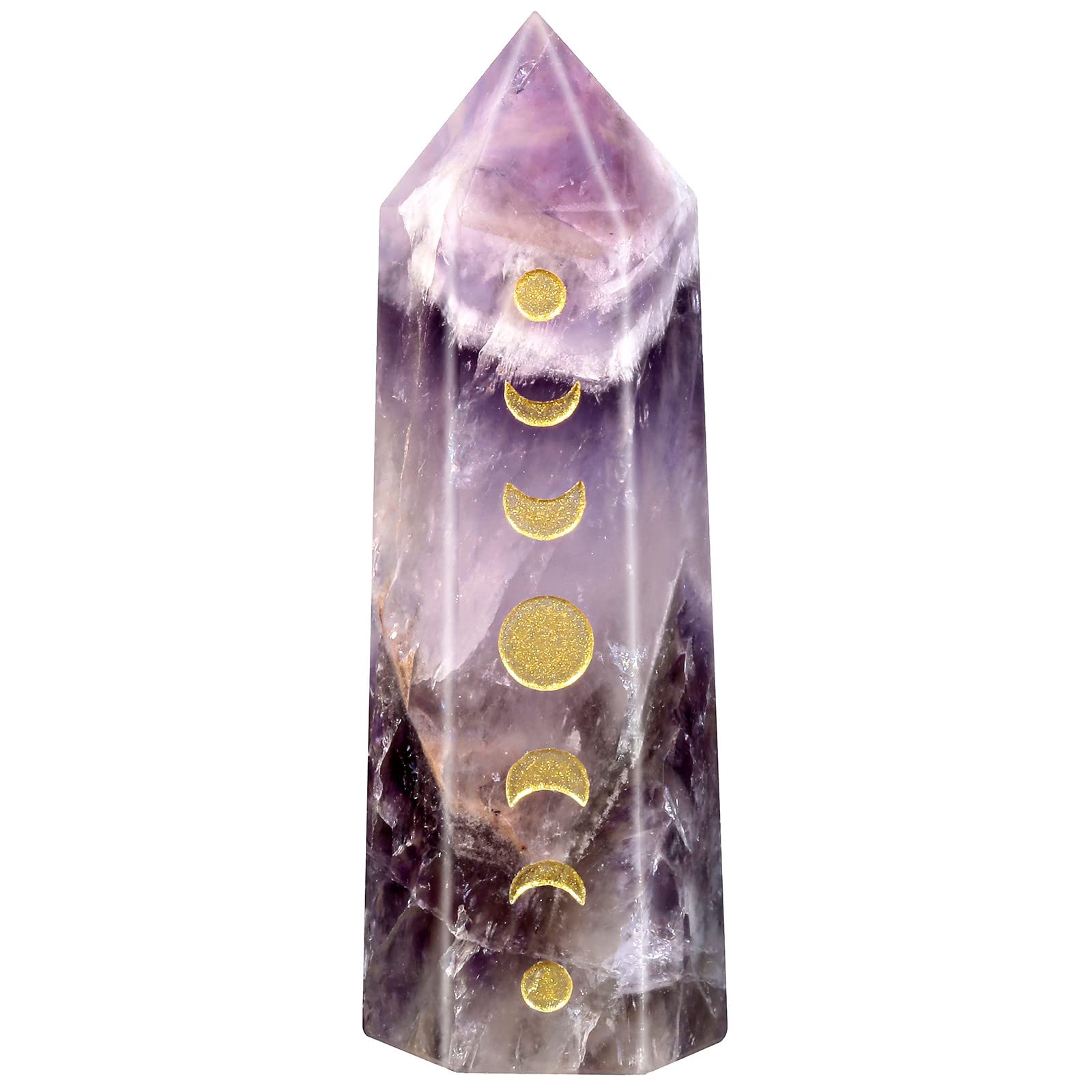 Amogeeli Wicca Moon Phase Amethyst Crystal Point Wand for Reiki Meditation, 6 Faceted Prism Healing Stone Decoration for Home & 