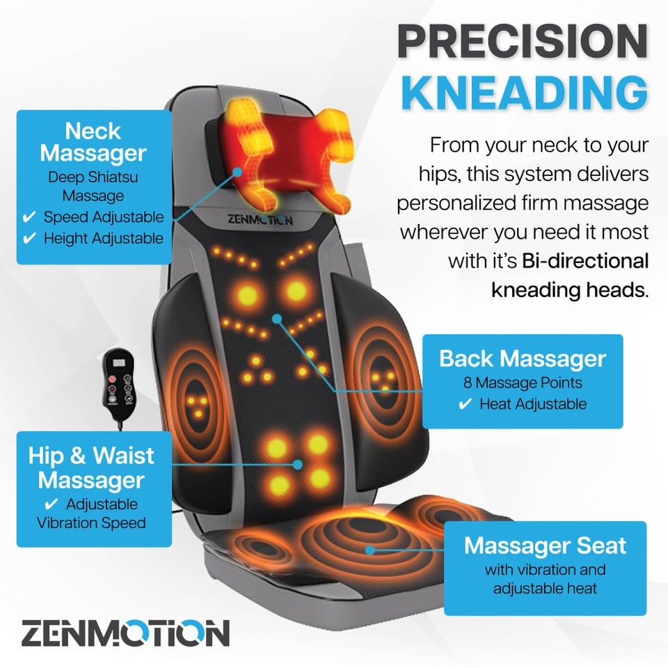 ZENMOTION Full Back Massager with Heat-Shiatsu Massage Chair Pad - 12-Point Shiatsu Back Massager for Chair with Height Adjustab
