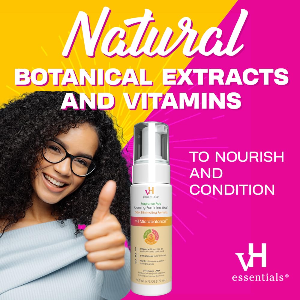 vH essentials Foaming Feminine Wash - Fragrance Free - Ph Balanced, Hypoallergenic, Prebiotics, Natural Botanical Extracts and V