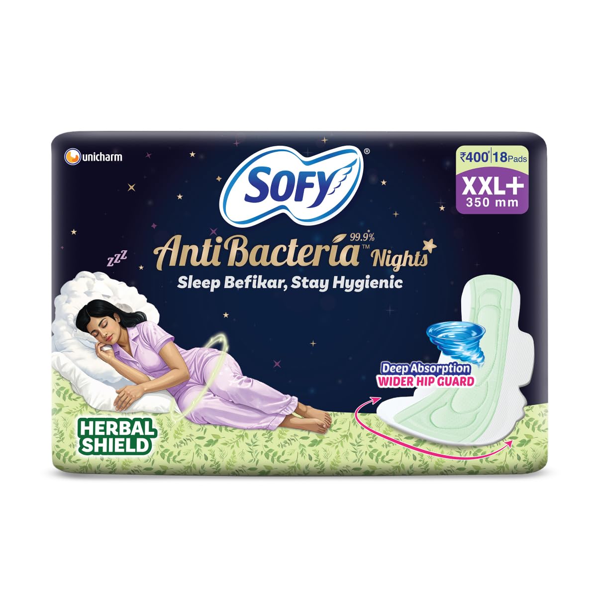 Sofy Women Antibacteria Xxl+ Sanitary Pads |Night Protection|Wider Hip Guard| Deep Absorption | Comfy Dry Cover| Xxl+, Pack Of 1