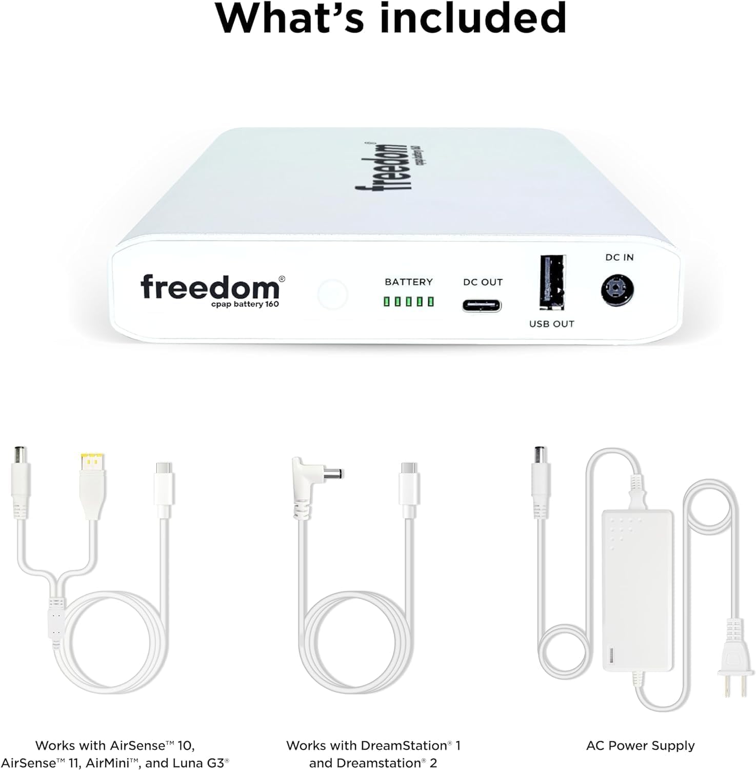 Freedom CPAP Battery Backup Power Supply, 160 Watt Hour, for Camping, Airline Travel & Power Outages (White)
