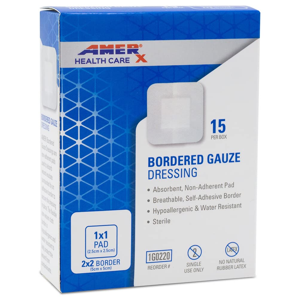 2 x 2 Dressing (1x1 Pad) AMERX Bordered Gauze - Adhesive Bandages - Water Resistant Barrier - Self Adhesive Border - Breathable,