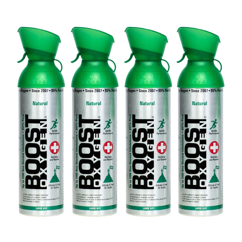 Boost Oxygen Large Natural 10 Liter Canister | Respiratory Support for Aerobic Recovery, Altitude, Performance and Health (4 Pac