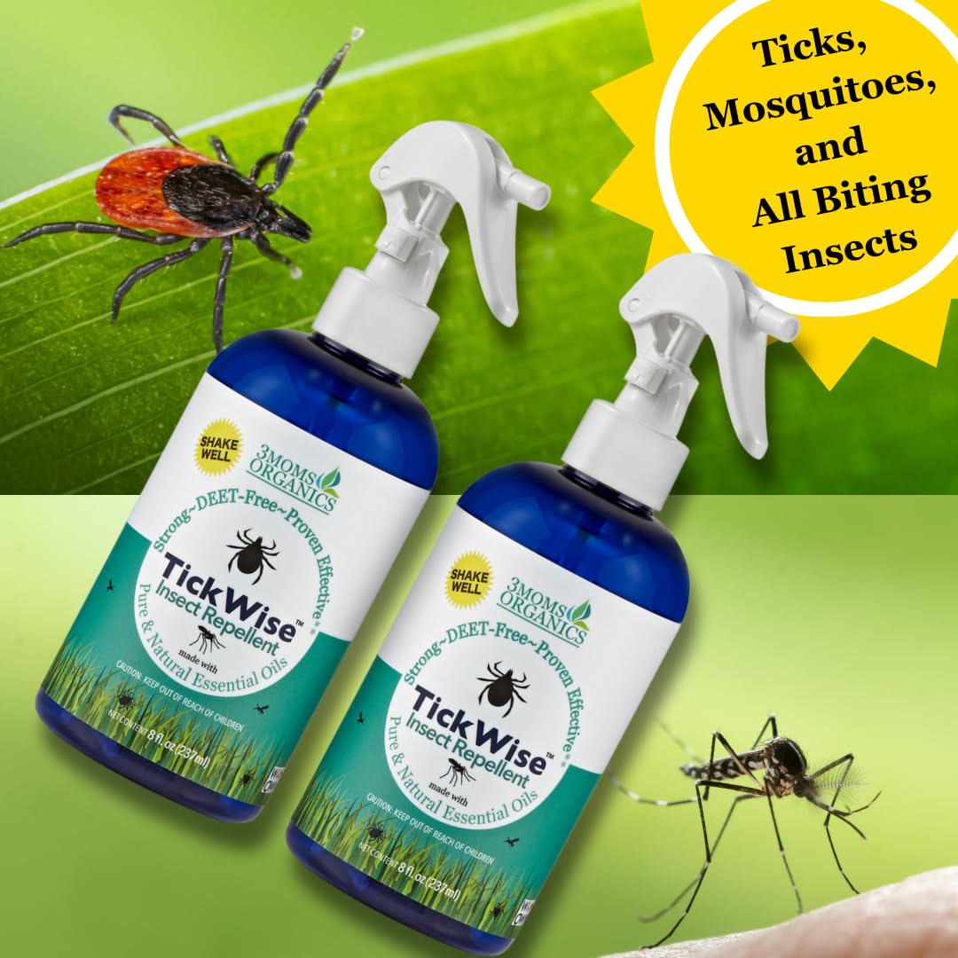 3 Moms Organics, TickWise 8oz Extra Strength Double Whammy 2-Pack - DEET- Free, Tick and Insect Repellent, Plant Based Essential