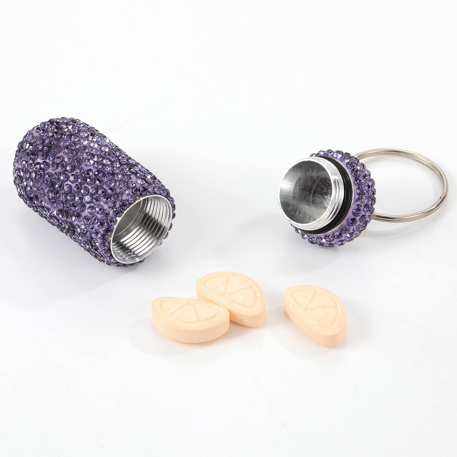 Bling Pill Case Portable Travel Pill Container Bottle Rhinestone Waterproof Small Pill Holder with Keychain Cute Mini Pill Stora