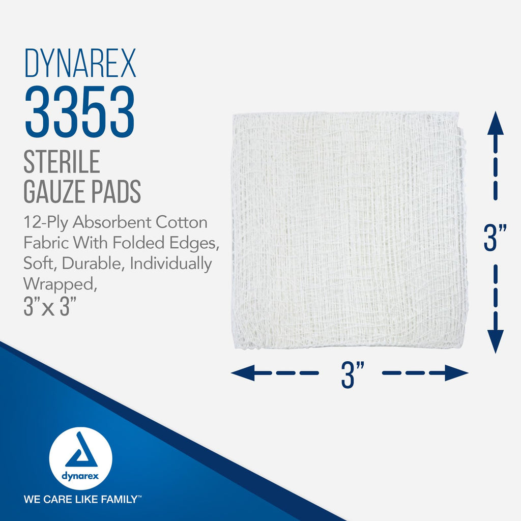Dynarex Sterile Gauze Pads - Absorbent Cotton Fabric with Folded Edges - Soft, Durable, Individually Wrapped Dressing - 3x3, 12-