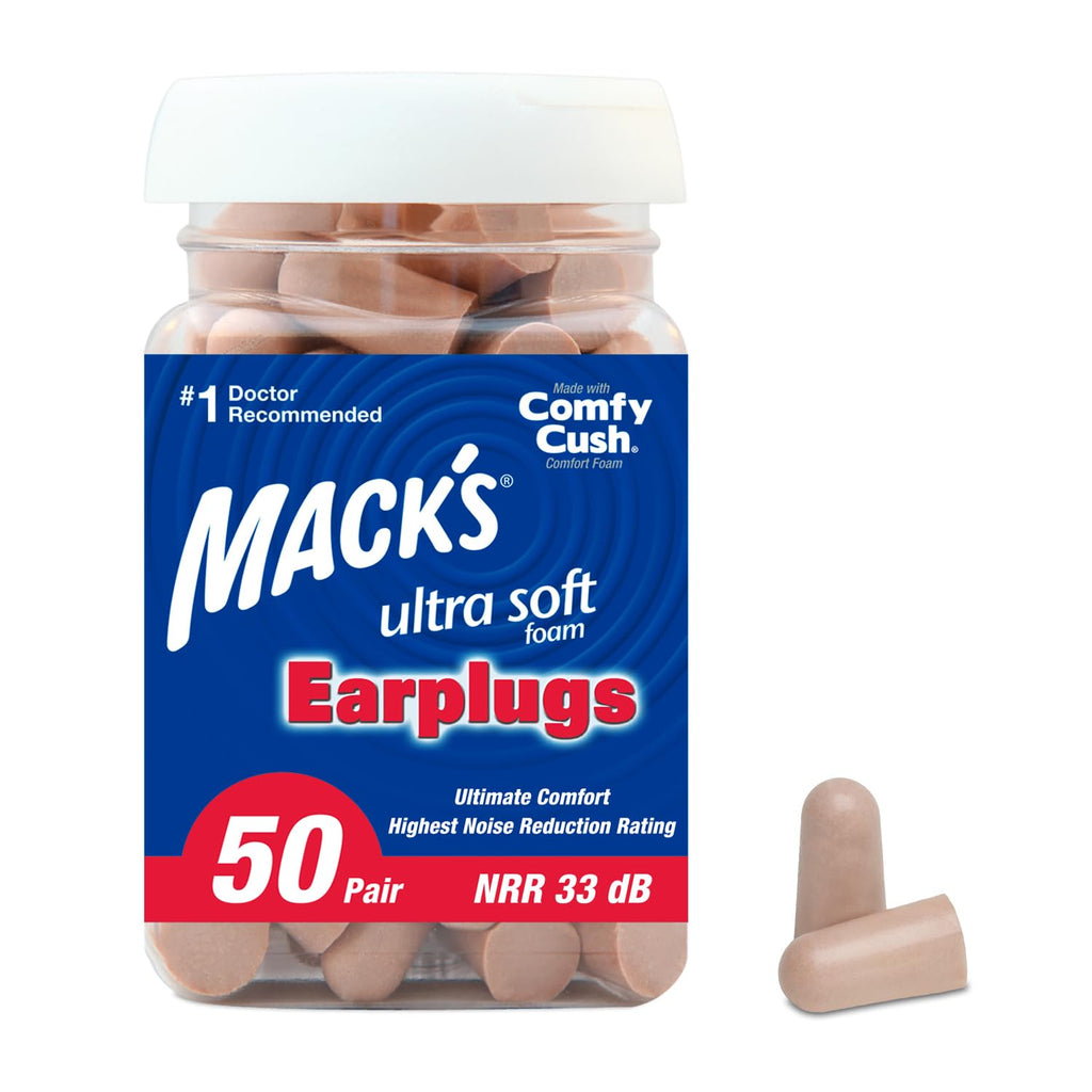 Macks Ultra Soft Foam Earplugs, 50 Pair - 33dB Highest NRR, Comfortable Ear Plugs for Sleeping, Snoring, Travel, Concerts, Stud