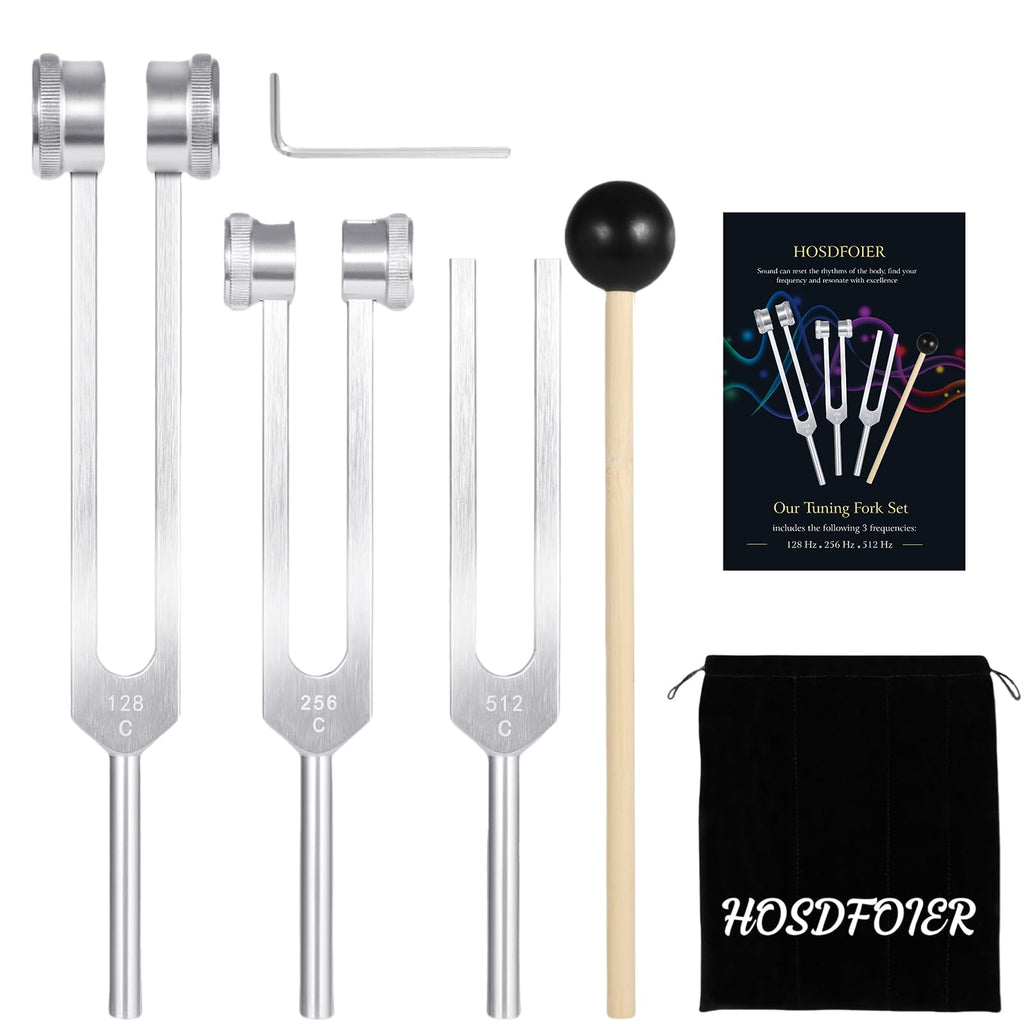 Tuning Forks for Healing Set (128Hz, 256Hz, 512Hz), Tuning Fork with Reflex Hammer for Healing/Frequency Instrument/Sound Therap
