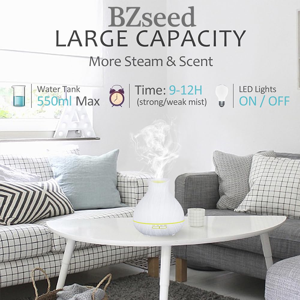 BZseed Aromatherapy Essential Oil Diffuser 550ml 12 Hours White Wood Grain Aroma Diffuser with Timer for Large Room, Home, Baby