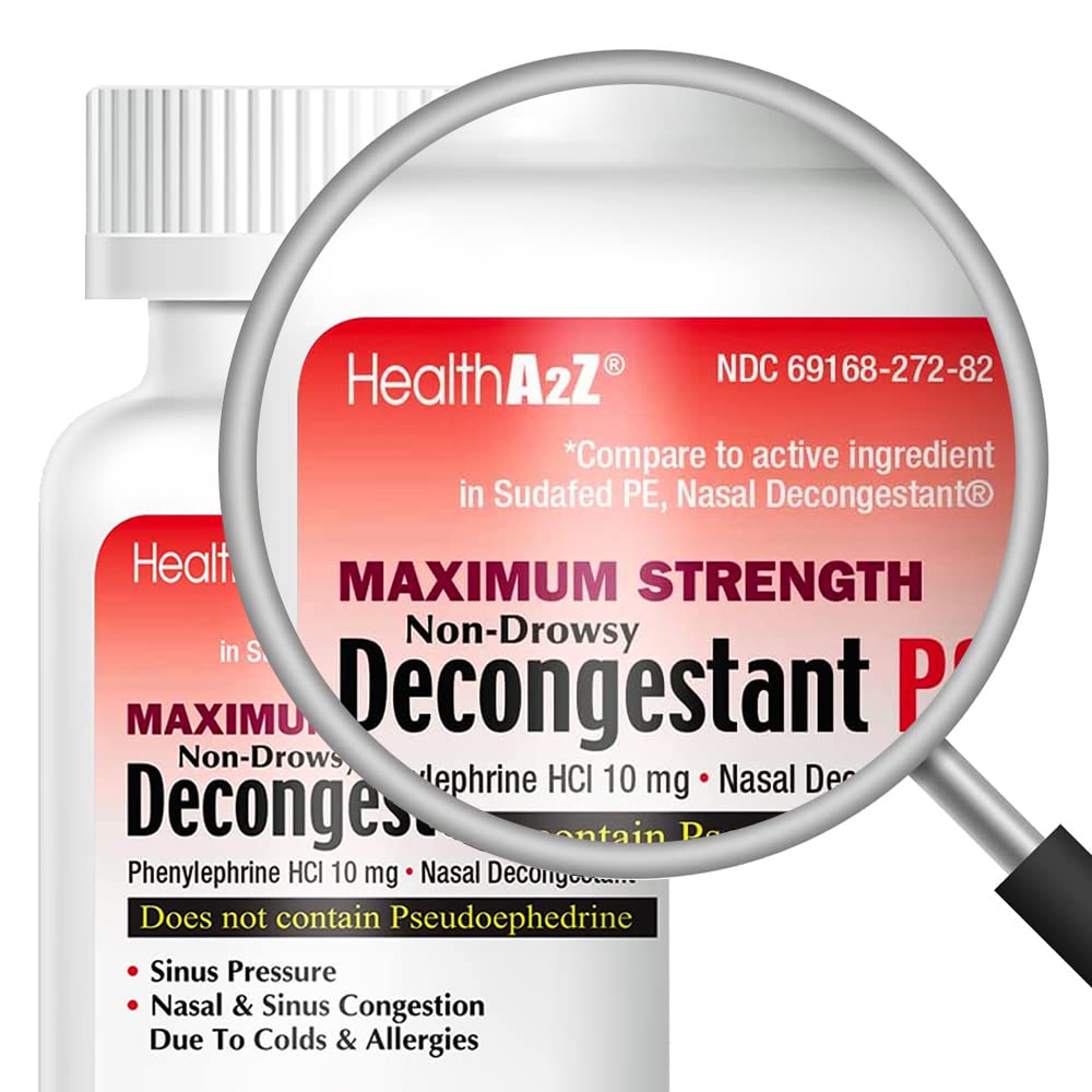 HealthA2Z Decongestant PE | Phenylephrine HCl 10 mg | Maximum Strength | Non-Drowsy Nasal & Sinus Congestion Relief Due to Cold