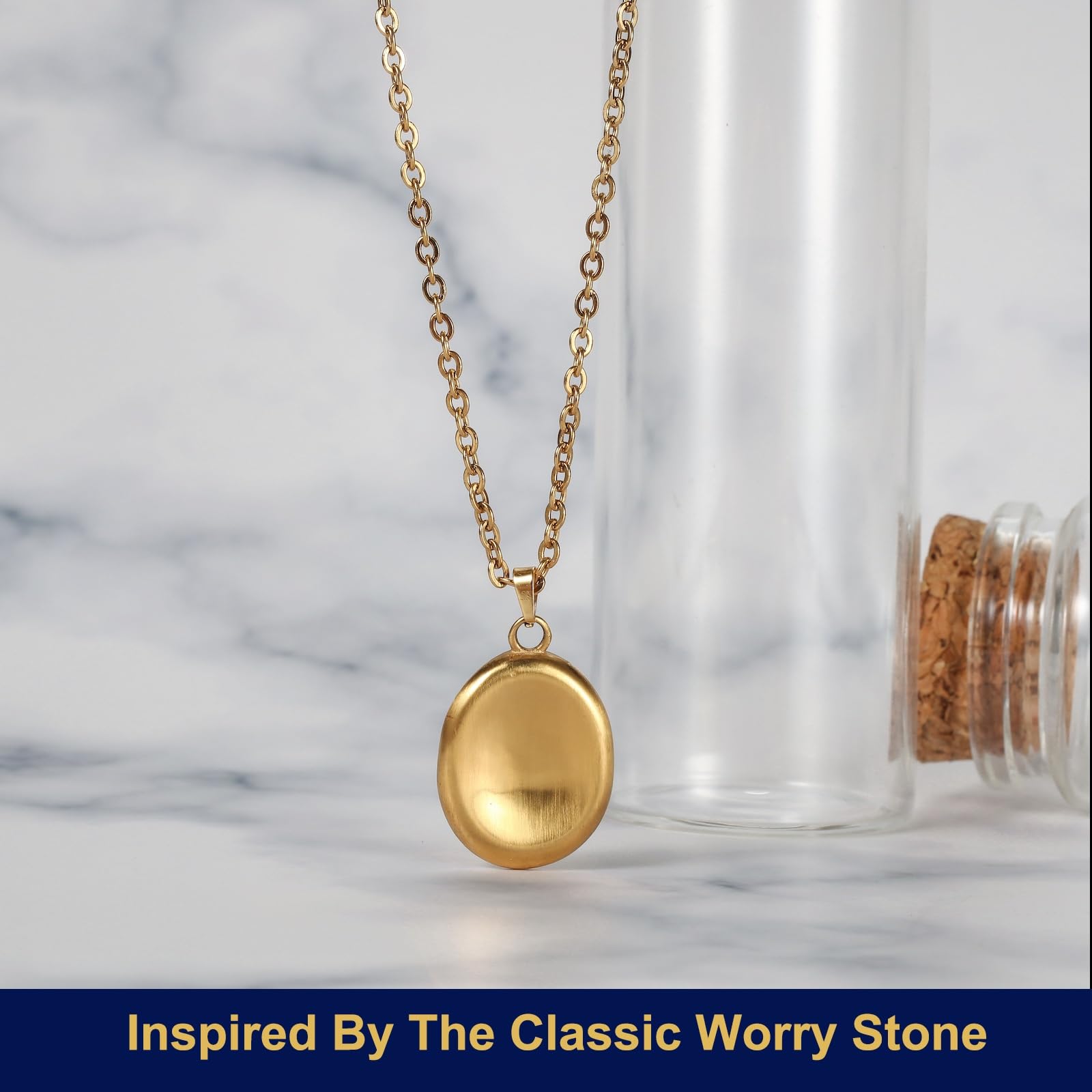 B BBPM Worry Stone Necklace| 14K Gold Plated Dainty Pendant Peaceful Thumb Necklace|Fidget Pendants for Anxiety Relief Meditatio