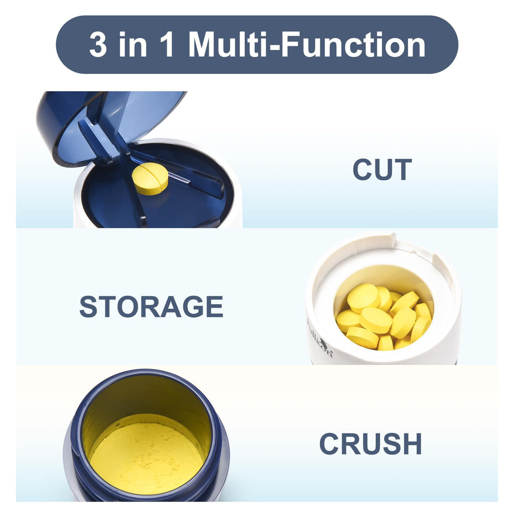Fullicon 3 in 1 Pill Crusher Fine Powder with Stainless Steel Grinding Head, Pill Grinder for Elderly & Pet, Pill Cutter Splitte