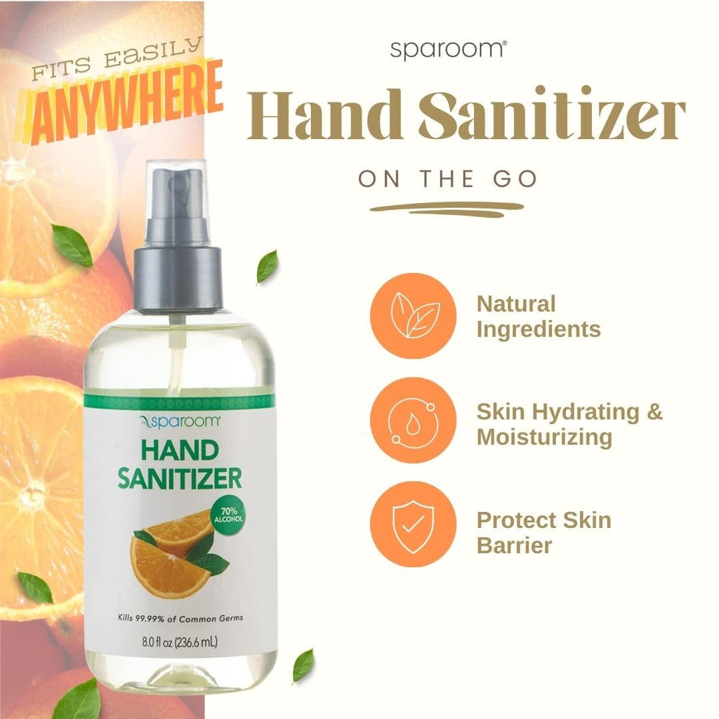 SpaRoom Hydrating Hand Sanitizer, 70% Alcohol with Aloe Vera & Essential Oils, Orange Scent, 8 Fl Oz Spray Bottle