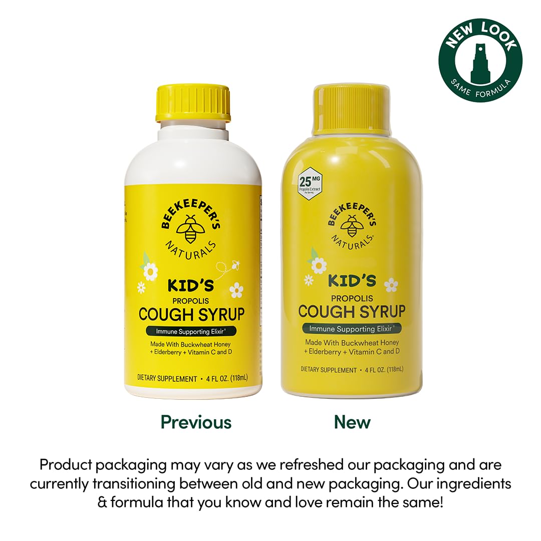 Beekeepers Naturals Propolis Honey Cough Syrup Daytime for Kids Immune Support with Elderberry, Vitamin C, Vitamin D & Raw Hone