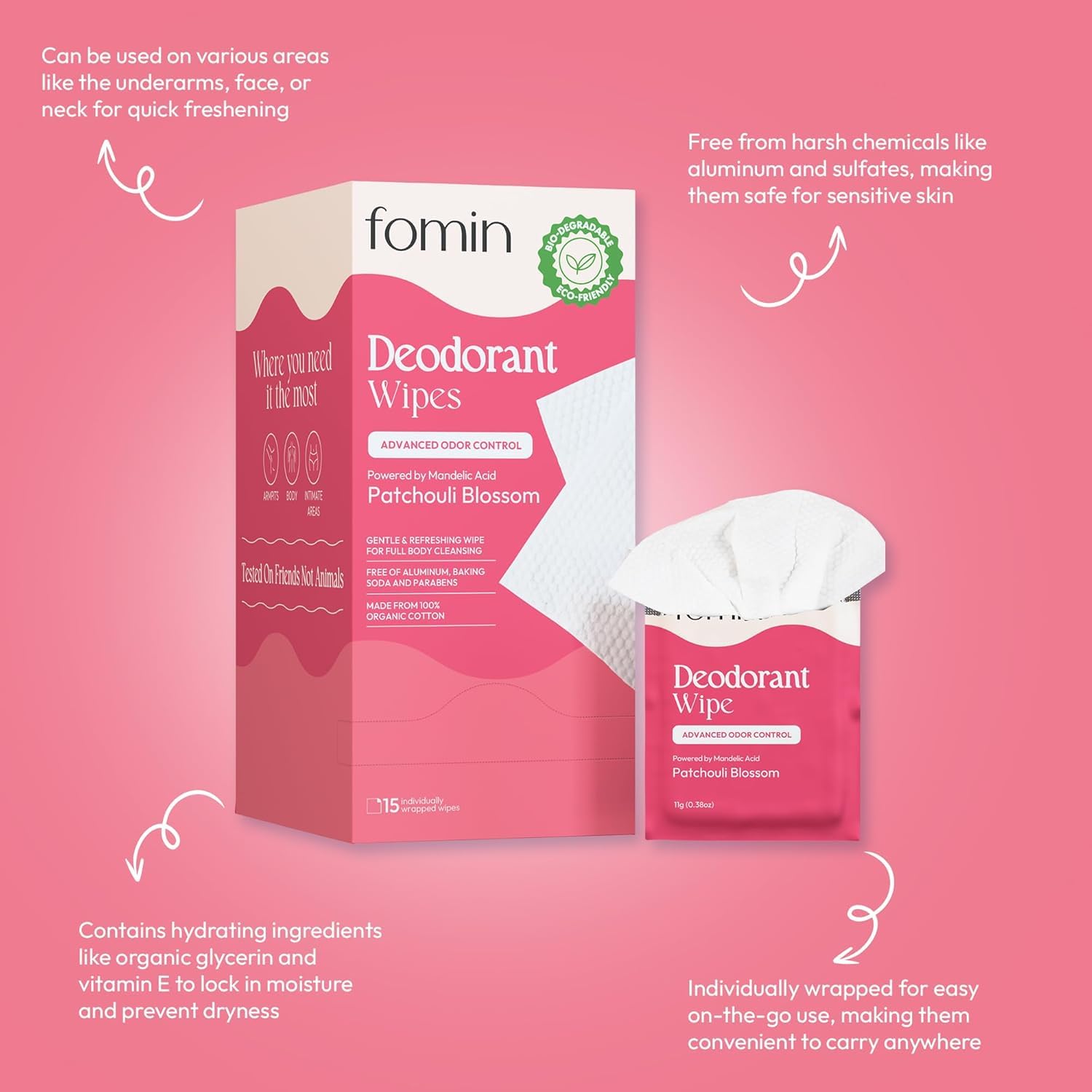 FOMIN Acidified Travel Deodorant Wipes For Women & Men - 50 Count - Patchouli Blossom - pH Balanced, Mini Deodorant Travel Size