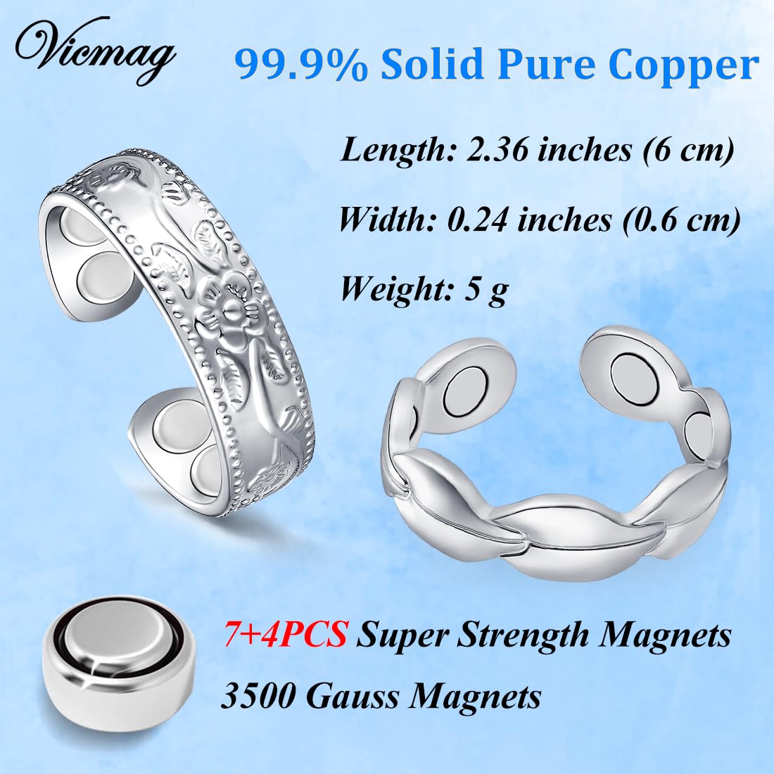 Vicmag Copper Magnetic Ring for Women, Magnetic Rings Ladies Fingers Thumb 100% Solid Pure Copper Jewelry Gift Adjustable (Leave